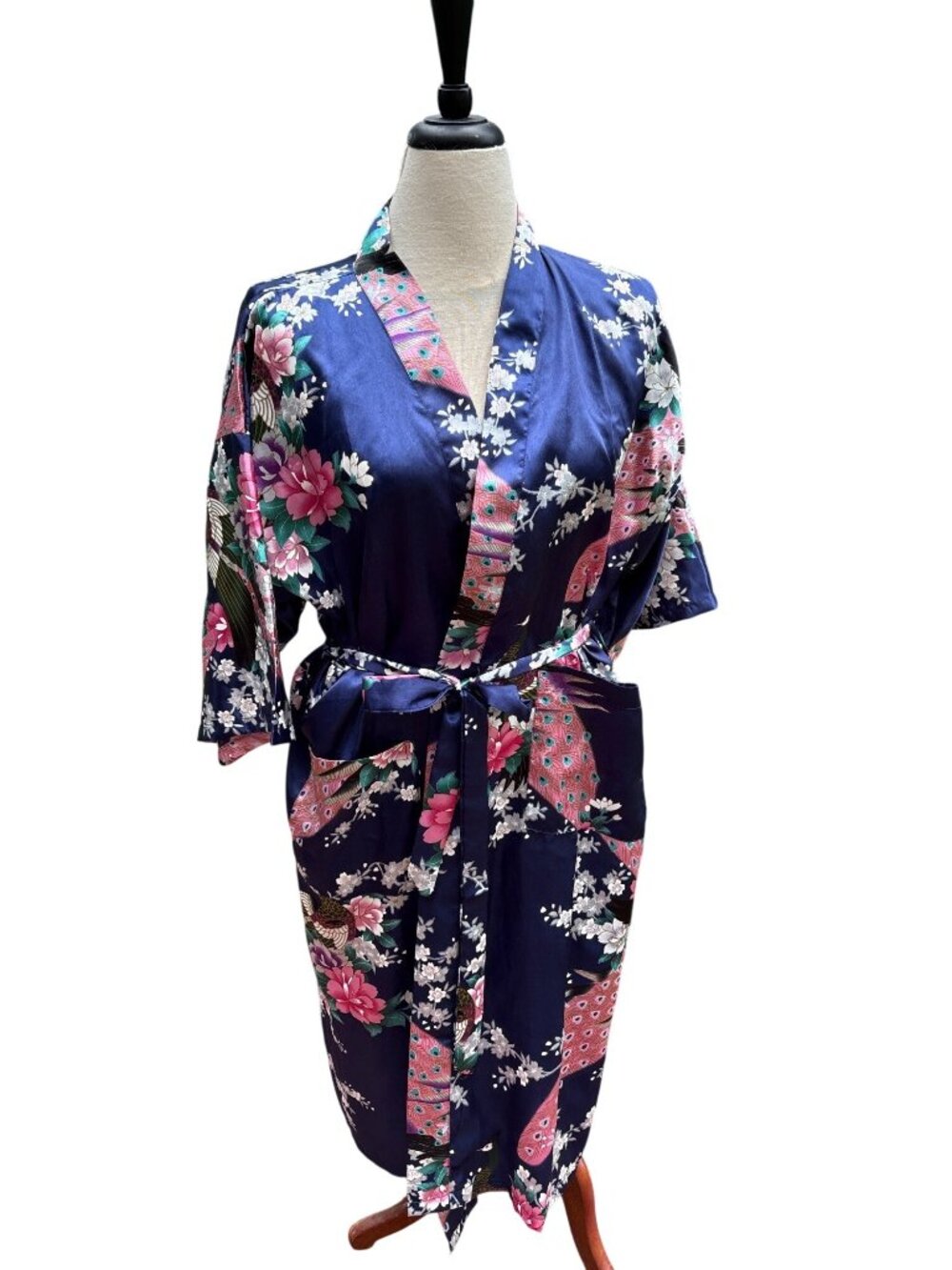Peacock Kimono Robe With Belt 100% Satin Navy Blue & Pink Size Large Floral